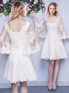 White Scoop Neckline Lace Court Dresses for Sweet 16 3 4 Length Sleeve Lace Up