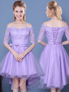 Extravagant Lavender Off The Shoulder Lace Up Lace and Bowknot and Belt Vestidos de Damas Half Sleeves