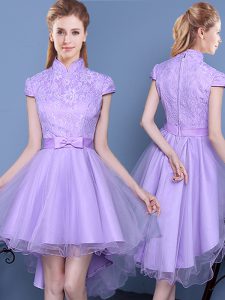 Smart Lavender A-line Tulle High-neck Short Sleeves Lace and Bowknot and Belt High Low Zipper Quinceanera Court of Honor Dress