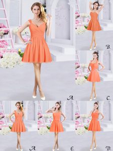Modern Orange Sleeveless Mini Length Lace and Ruching and Belt Zipper Quinceanera Dama Dress