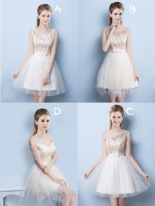 Dynamic Champagne A-line Square Sleeveless Tulle Mini Length Lace Up Sequins and Bowknot Quinceanera Dama Dress