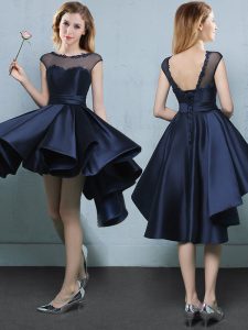Cap Sleeves Satin High Low Lace Up Court Dresses for Sweet 16 in Navy Blue with Appliques