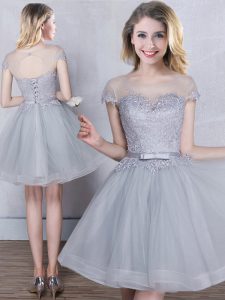 Fabulous Grey Tulle Lace Up Scoop Short Sleeves Mini Length Quinceanera Court Dresses Appliques and Belt