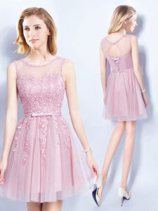 Scoop Tulle Sleeveless Mini Length Dama Dress and Appliques and Belt