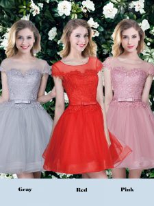 Red and Pink and Grey A-line Tulle Scoop Short Sleeves Appliques and Belt Mini Length Lace Up Dama Dress