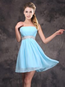 Fantastic Baby Blue Empire Chiffon Strapless Sleeveless Sequins and Ruching Mini Length Zipper Quinceanera Court Dresses
