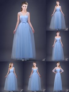 Gorgeous Sleeveless Floor Length Beading and Appliques and Ruching and Bowknot and Hand Made Flower Lace Up Dama Dress with Light Blue