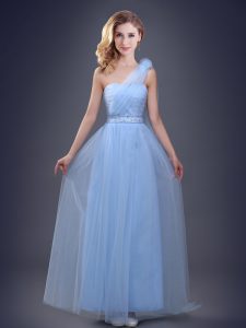 Extravagant One Shoulder Beading and Ruching and Hand Made Flower Quinceanera Court Dresses Light Blue Lace Up Sleeveless Floor Length
