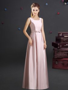 Deluxe Square Elastic Woven Satin Sleeveless Floor Length Dama Dress and Bowknot