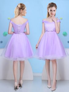 Lavender Cap Sleeves Tulle Lace Up Damas Dress for Prom and Party