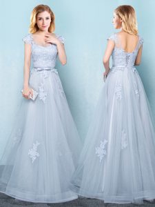 Scoop Cap Sleeves Floor Length Lace Up Vestidos de Damas Light Blue for Prom and Party and Wedding Party with Appliques and Belt