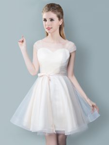 Straps Ruching and Bowknot Quinceanera Court of Honor Dress Champagne Zipper Cap Sleeves Knee Length