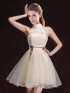 Designer Halter Top Champagne Sleeveless Organza Lace Up Quinceanera Court Dresses for Prom and Party and Wedding Party