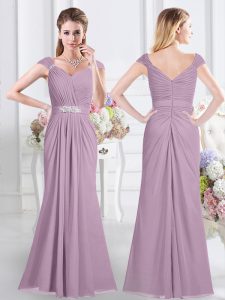 Most Popular Lavender Empire Chiffon Sweetheart Cap Sleeves Beading and Ruching Floor Length Zipper Dama Dress