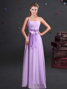 Sexy Lavender Empire Ruching and Bowknot Quinceanera Court Dresses Zipper Chiffon Sleeveless Floor Length
