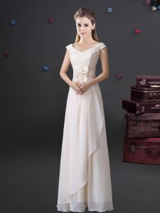 Modern Cap Sleeves Chiffon Floor Length Zipper Vestidos de Damas in White with Lace and Bowknot