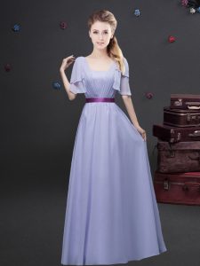 Lavender Vestidos de Damas Prom and Party and Wedding Party and For with Ruching and Belt Square Short Sleeves Zipper