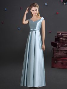 Off the Shoulder Elastic Woven Satin Cap Sleeves Floor Length Quinceanera Court Dresses and Bowknot