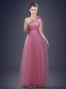 One Shoulder Pink Sleeveless Beading and Ruching and Hand Made Flower Floor Length Quinceanera Dama Dress