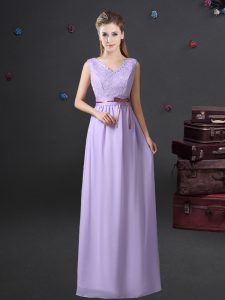 Lavender Quinceanera Dama Dress Prom and Party and Wedding Party and For with Lace and Belt V-neck Sleeveless Lace Up