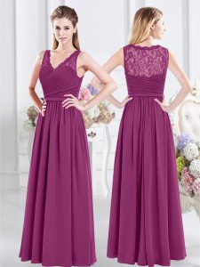 Sleeveless Floor Length Lace and Ruching Side Zipper Damas Dress with Fuchsia