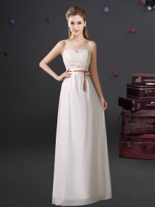 Best Selling White Sleeveless Floor Length Lace and Appliques and Belt Lace Up Damas Dress