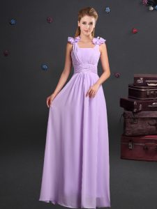 Eye-catching Straps Lavender Zipper Quinceanera Court of Honor Dress Ruching and Hand Made Flower Sleeveless Floor Length