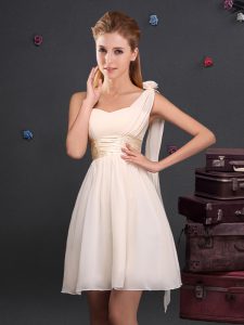 One Shoulder Ruching and Hand Made Flower Court Dresses for Sweet 16 Champagne Zipper Sleeveless Mini Length