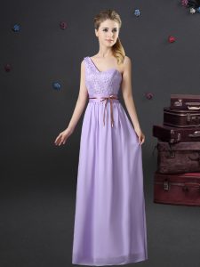 One Shoulder Lavender Chiffon Lace Up Quinceanera Court Dresses Sleeveless Floor Length Lace and Appliques and Belt