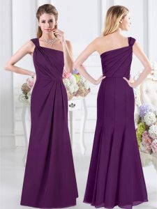Beautiful One Shoulder Floor Length Side Zipper Dama Dress Purple for Prom and Party and Wedding Party with Ruching