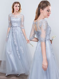 Free and Easy Short Sleeves Tulle Scoop Half Sleeves Lace Up Appliques and Belt Court Dresses for Sweet 16 in Grey