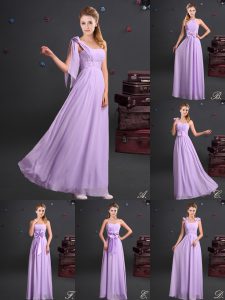 Admirable One Shoulder Lavender Sleeveless Chiffon Zipper Quinceanera Court of Honor Dress for Prom and Party and Wedding Party
