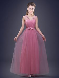 Pink V-neck Lace Up Appliques and Ruching and Bowknot Court Dresses for Sweet 16 Sleeveless