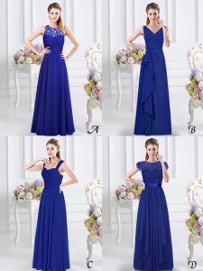 Vintage Sleeveless Floor Length Lace and Ruffles and Ruching Zipper Dama Dress with Royal Blue