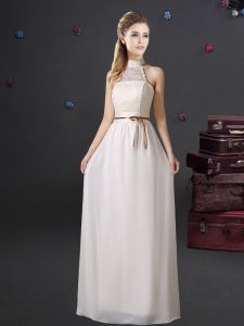 Attractive Halter Top Sleeveless Vestidos de Damas Floor Length Lace and Belt White Chiffon