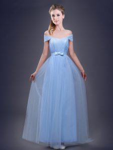 Best Light Blue Lace Up Off The Shoulder Ruching and Bowknot Quinceanera Court of Honor Dress Tulle Sleeveless