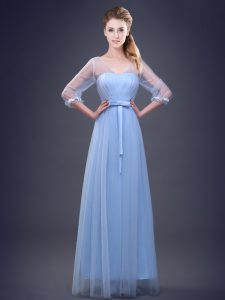 Customized Half Sleeves Floor Length Lace Up Vestidos de Damas Light Blue for Prom and Party and Wedding Party with Ruching and Bowknot