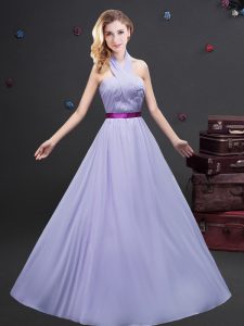 Halter Top Floor Length Lavender Damas Dress Chiffon Sleeveless Belt