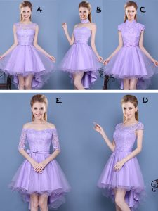 Taffeta and Tulle Sweetheart Sleeveless Lace Up Lace and Bowknot Dama Dress in Lavender