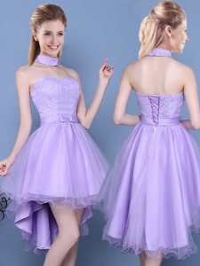Exquisite Sleeveless High Low Lace and Bowknot Lace Up Dama Dress with Lavender