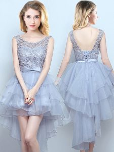 Designer Grey A-line Scoop Sleeveless Organza and Lace High Low Lace Up Lace and Ruffles and Belt Quinceanera Court of Honor Dress