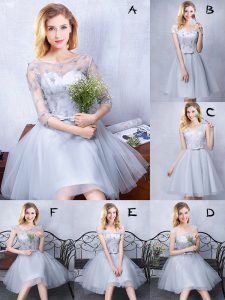 Grey Lace Up Scoop Lace and Appliques and Belt Quinceanera Court of Honor Dress Tulle Sleeveless