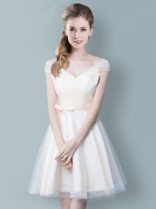 Extravagant Knee Length Champagne Damas Dress Tulle Cap Sleeves Ruching and Bowknot
