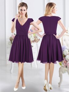 Extravagant Purple Cap Sleeves Ruching Knee Length Court Dresses for Sweet 16