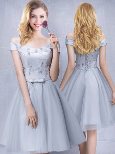 Noble Off the Shoulder Sleeveless Knee Length Appliques and Belt Lace Up Dama Dress with Grey