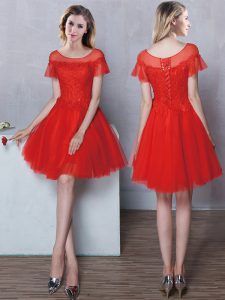 Scoop Red Lace Up Quinceanera Dama Dress Lace Short Sleeves Mini Length