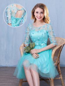 Charming Scoop Half Sleeves Knee Length Lace and Appliques and Bowknot Lace Up Court Dresses for Sweet 16 with Aqua Blue