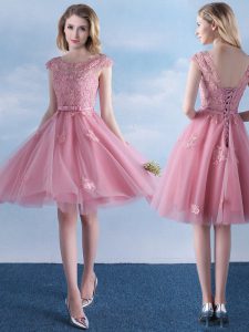 Customized Scoop Pink Cap Sleeves Knee Length Appliques and Belt Lace Up Quinceanera Court Dresses