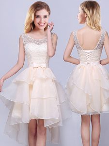 Flirting High Low Champagne Quinceanera Court Dresses Scoop Sleeveless Lace Up