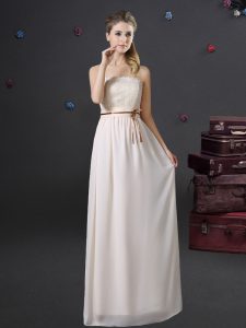 Glorious White Lace Up Dama Dress Lace and Belt Sleeveless Floor Length